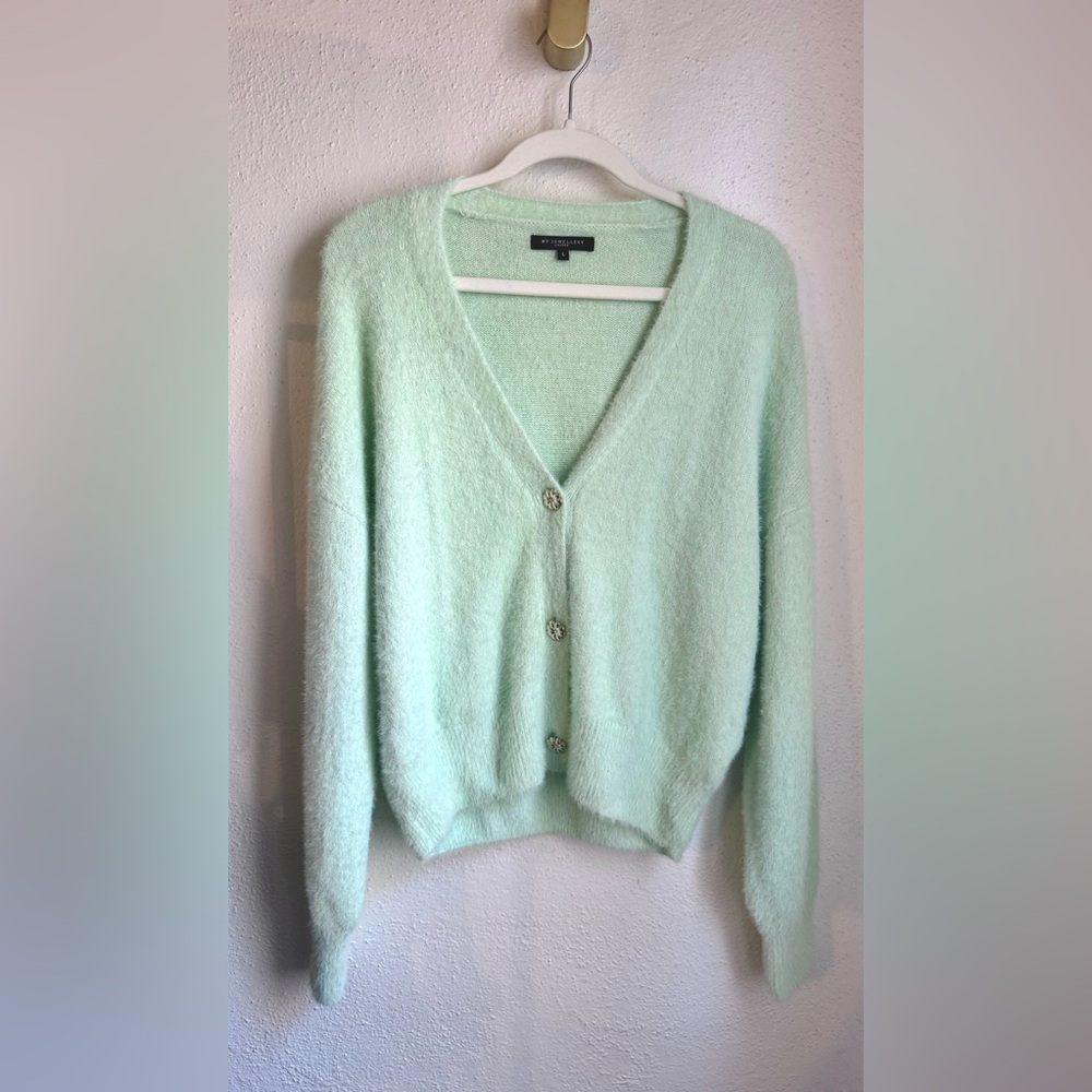 MY JEWELLERY | Mint Green Fuzzy Oversized Cardigan Women Large Button Sweater